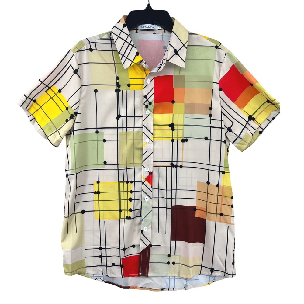 MISSLOOK Geometric Button Down Shirt Mens M Multicolor Mid Century Modern Art